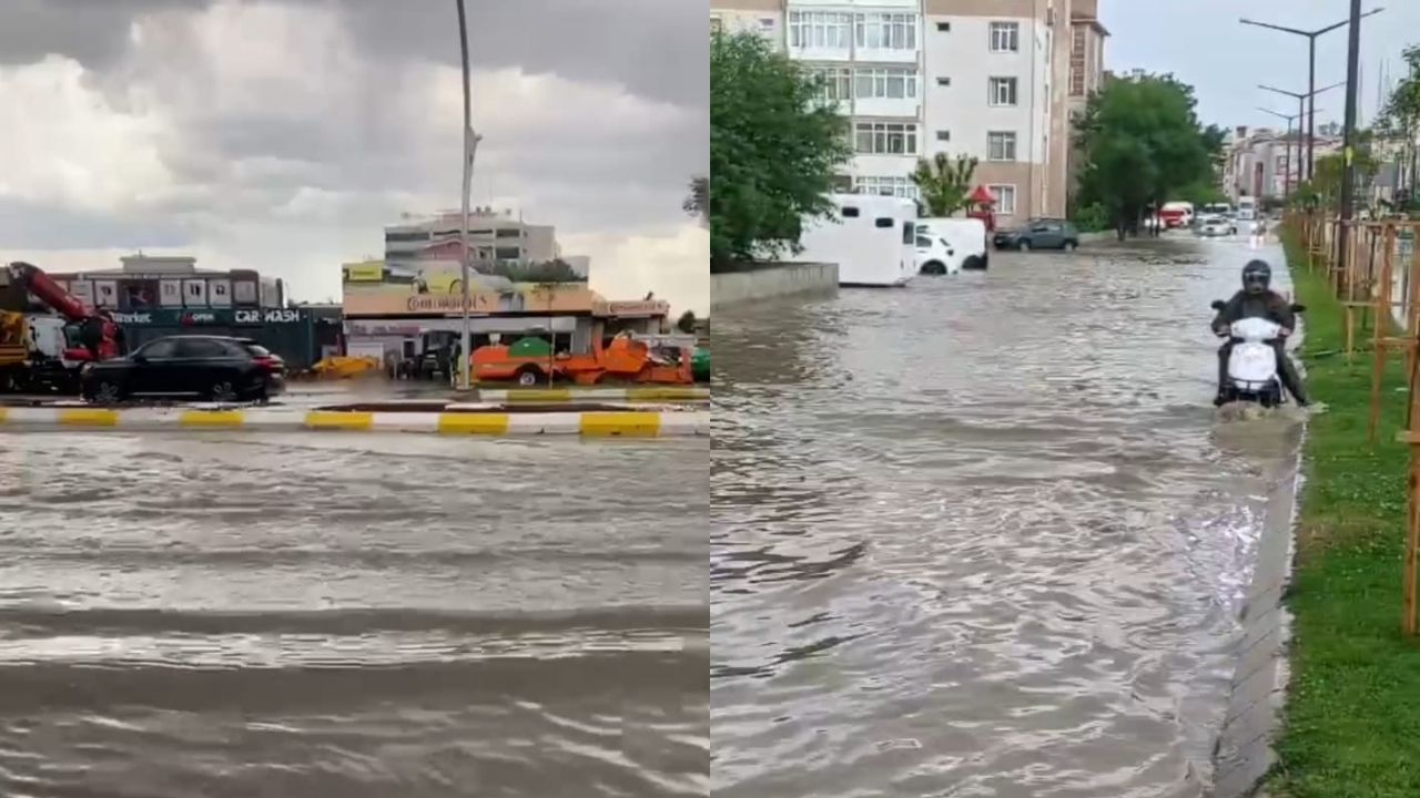 Edirne’de öğle saatlerinde etkili olan ceviz büyüklüğündeki dolu yağışının ardından bastıran şiddetli sağanak, kentteki yolları adeta göle çevirdi. 